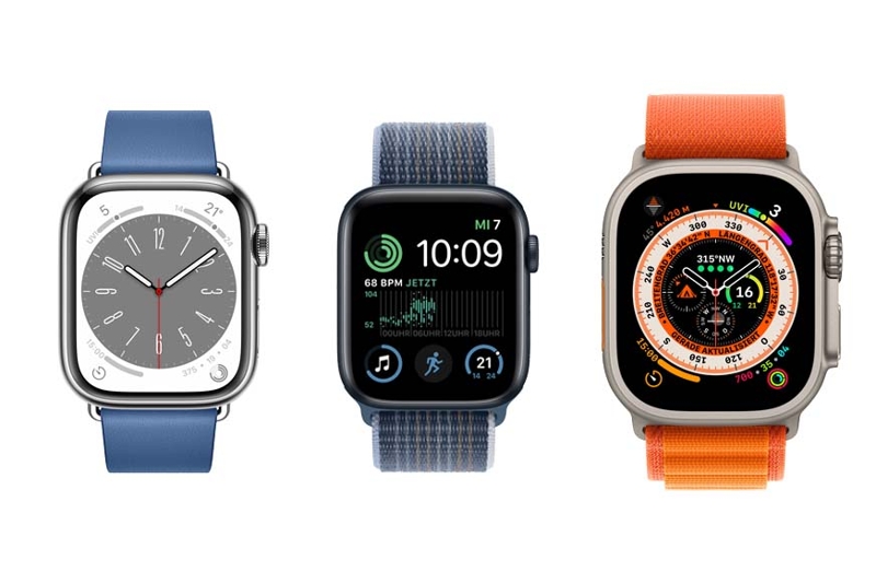 Man sieht die Apple Watch SE, Series 8 und Ultra.